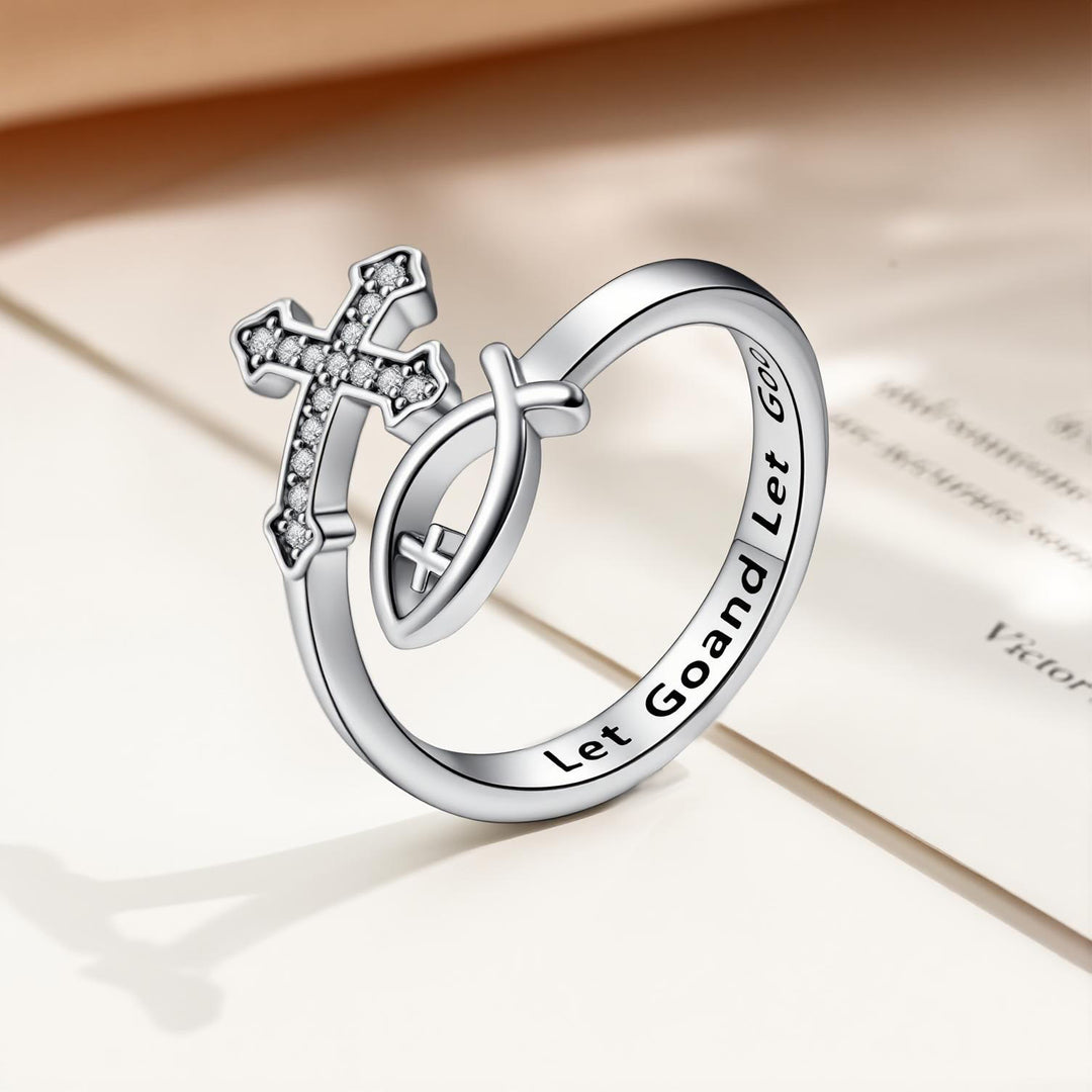 Christianartworkshop Inlaid Stone Cross Ichthys Adjustable Ring: Token of Timeless Divine Peace - Silver( Suitable for US Sizes 6 - 9) - image 3