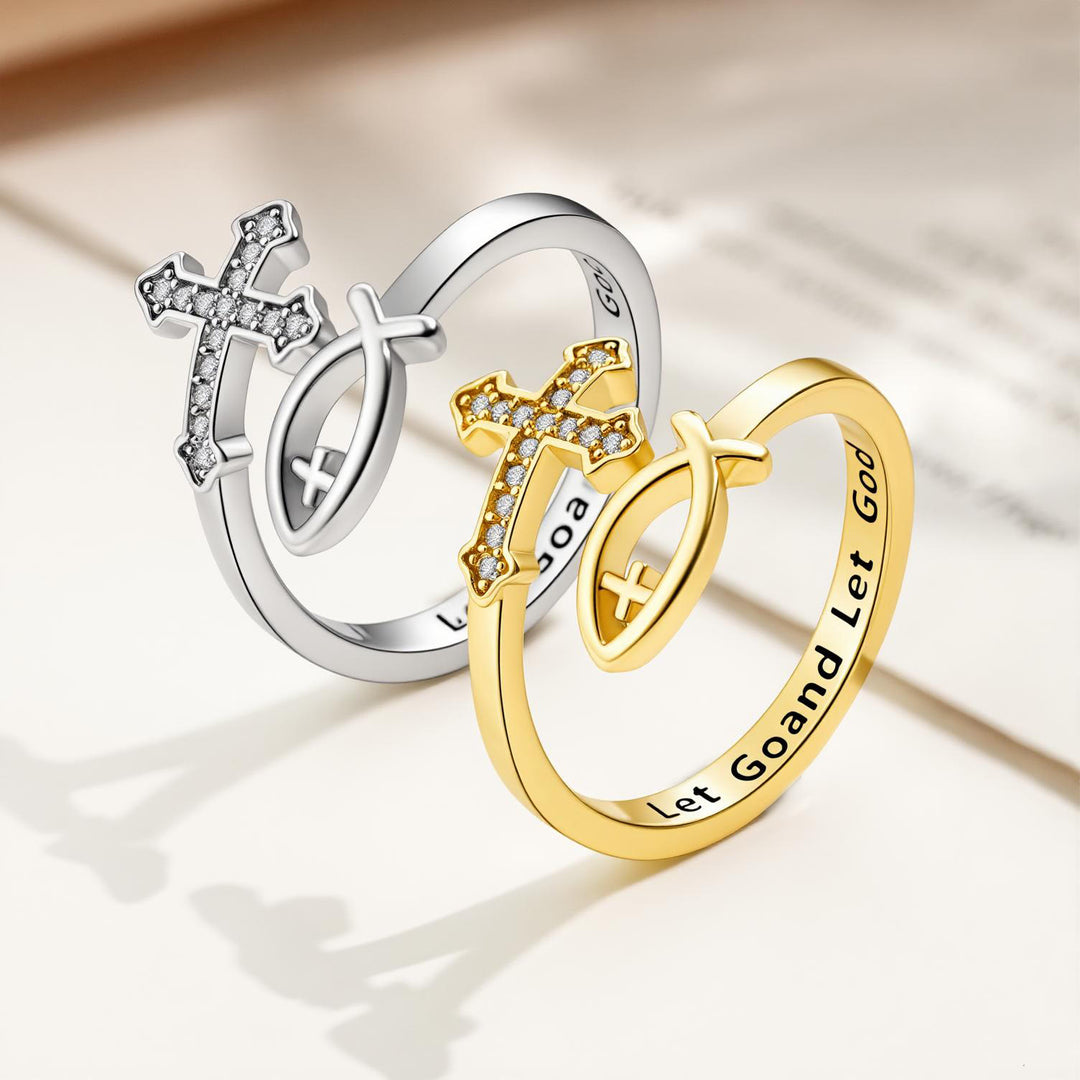 Christianartworkshop Inlaid Stone Cross Ichthys Adjustable Ring: Token of Timeless Divine Peace - image 0