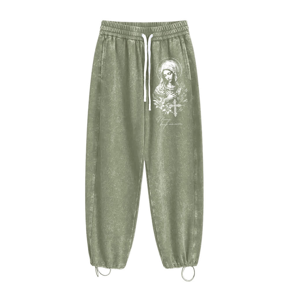 Christianartworkshop Vintage Sketch Mary Floral Cross Statement Washed Sweatpants - image 1