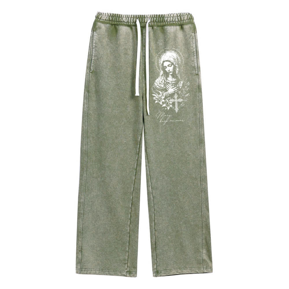 Christianartworkshop Vintage Sketch Mary Floral Cross Statement Washed Sweatpants - Army Green - XL - image 0