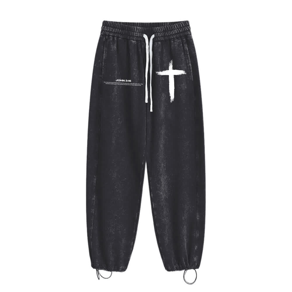 Christianartworkshop Brush Stroke Cross John 3:16 Scripture Statement Washed Sweatpants - image 9