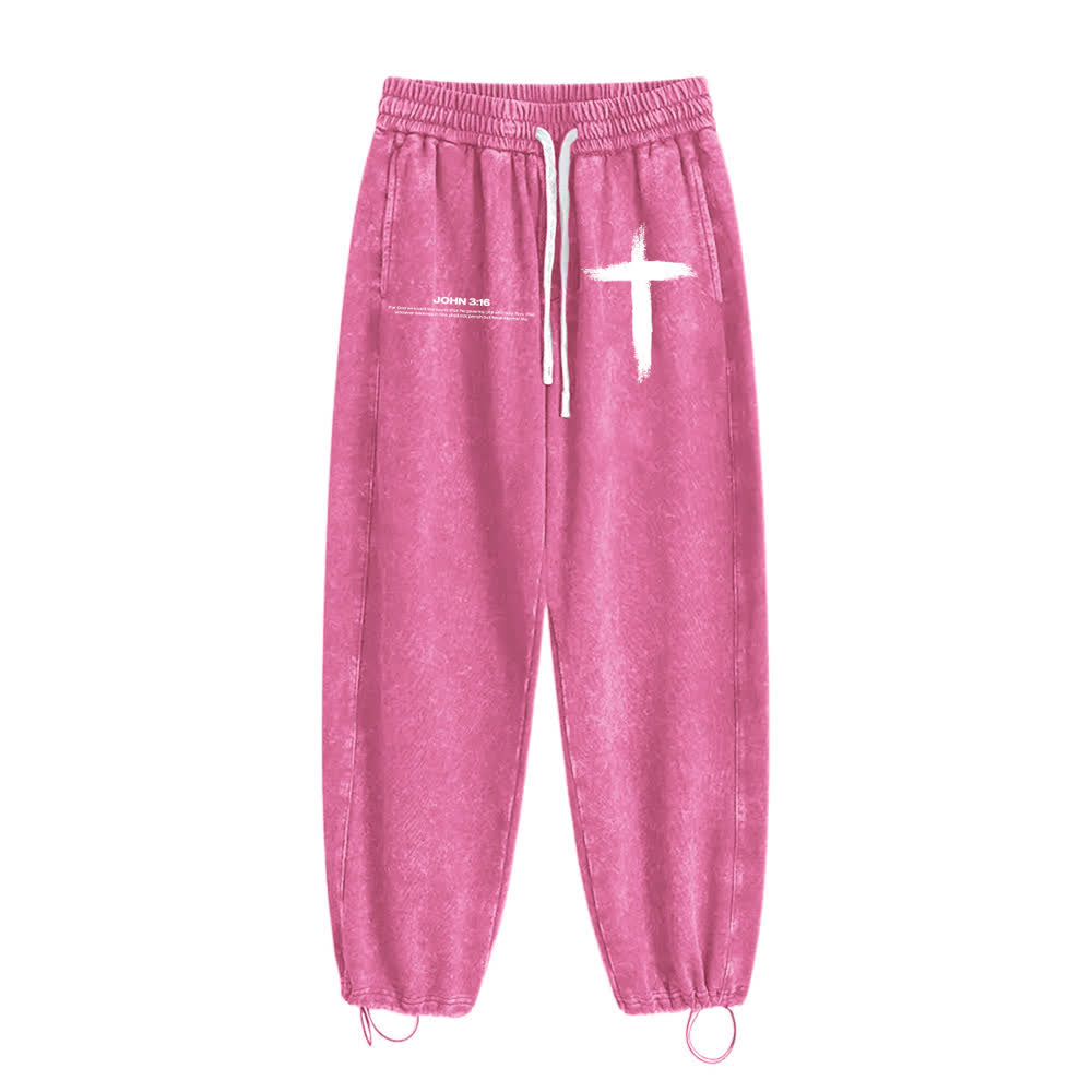 Christianartworkshop Brush Stroke Cross John 3:16 Scripture Statement Washed Sweatpants - image 17