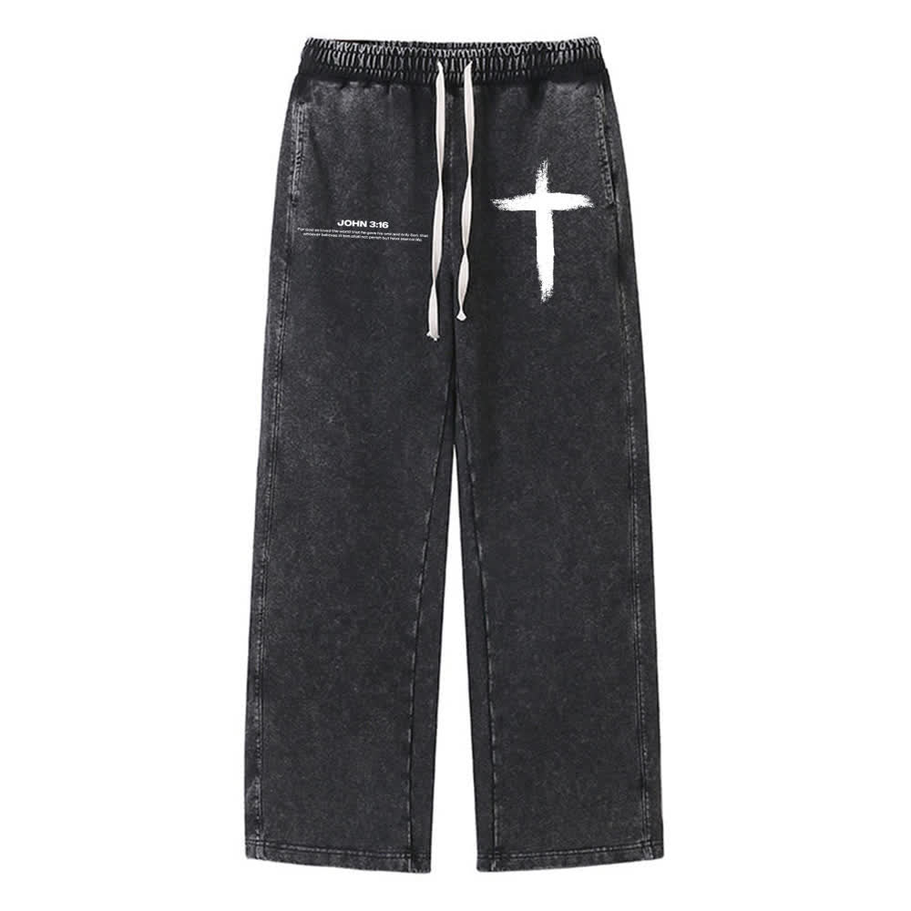 Christianartworkshop Brush Stroke Cross John 3:16 Scripture Statement Washed Sweatpants - Black - XL - image 8