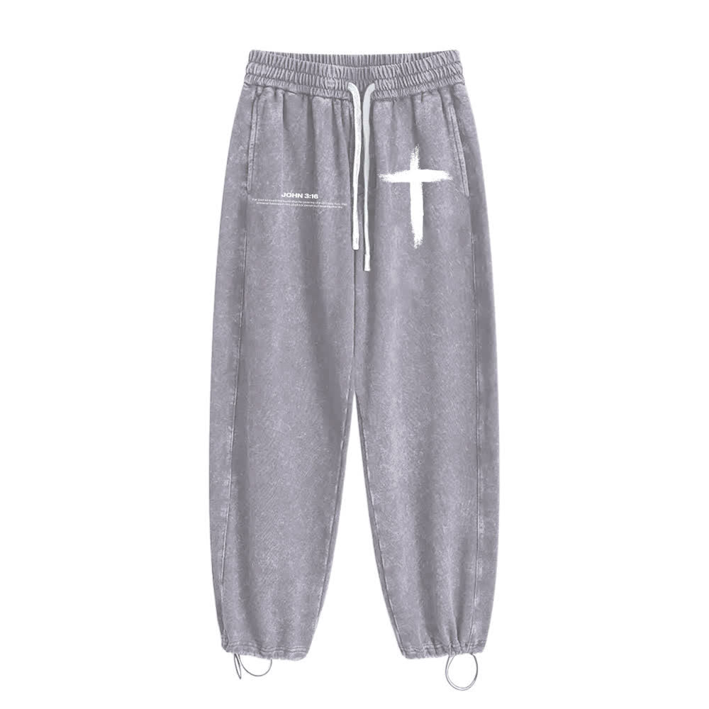 Christianartworkshop Brush Stroke Cross John 3:16 Scripture Statement Washed Sweatpants - image 5
