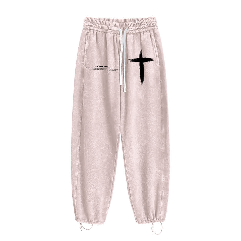 Christianartworkshop Brush Stroke Cross John 3:16 Scripture Statement Washed Sweatpants - image 21
