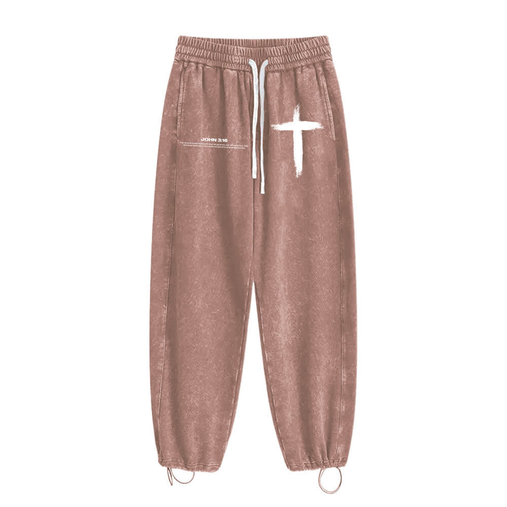 Christianartworkshop Brush Stroke Cross John 3:16 Scripture Statement Washed Sweatpants - image 1