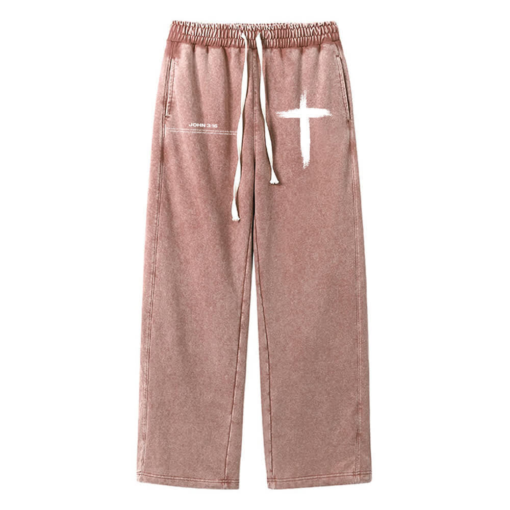 Christianartworkshop Brush Stroke Cross John 3:16 Scripture Statement Washed Sweatpants - Brown - XL - image 0