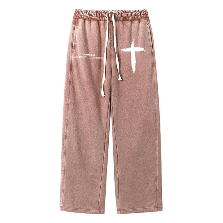Christianartworkshop Brush Stroke Cross John 3:16 Scripture Statement Washed Sweatpants - Brown - XL - image 0