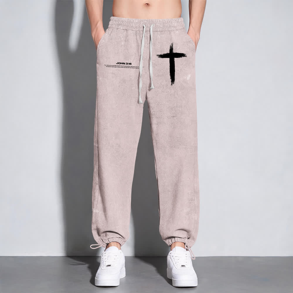 Christianartworkshop Brush Stroke Cross John 3:16 Scripture Statement Washed Sweatpants - image 23
