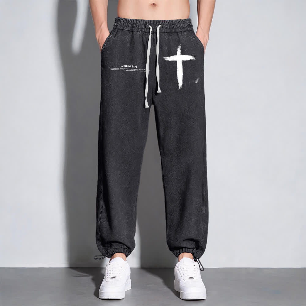 Christianartworkshop Brush Stroke Cross John 3:16 Scripture Statement Washed Sweatpants - image 11