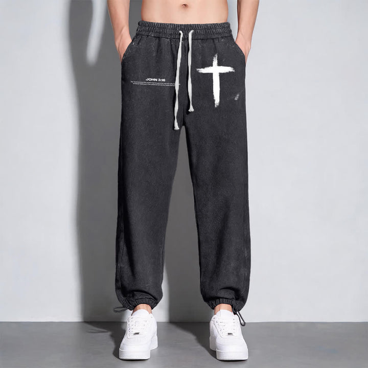 Christianartworkshop Brush Stroke Cross John 3:16 Scripture Statement Washed Sweatpants - image 11