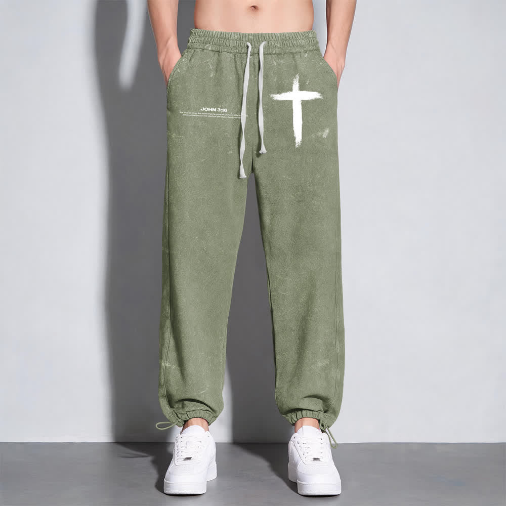 Christianartworkshop Brush Stroke Cross John 3:16 Scripture Statement Washed Sweatpants - image 15