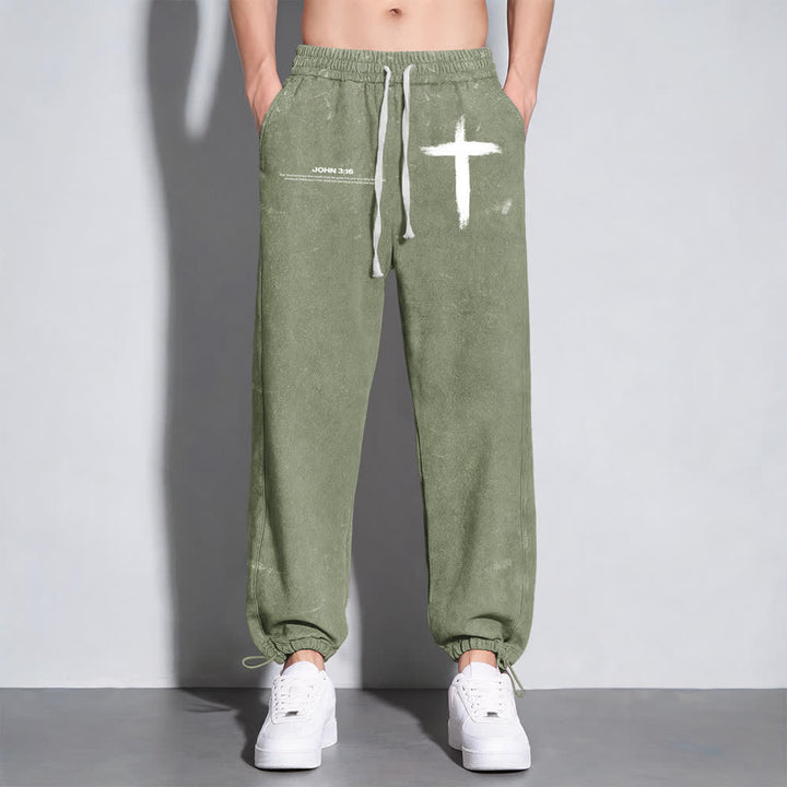 Christianartworkshop Brush Stroke Cross John 3:16 Scripture Statement Washed Sweatpants - image 15