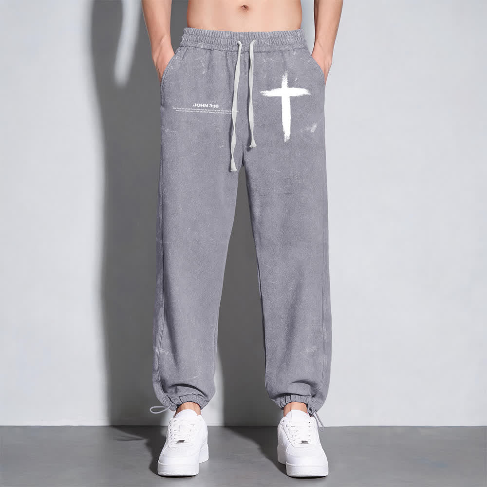 Christianartworkshop Brush Stroke Cross John 3:16 Scripture Statement Washed Sweatpants - image 7