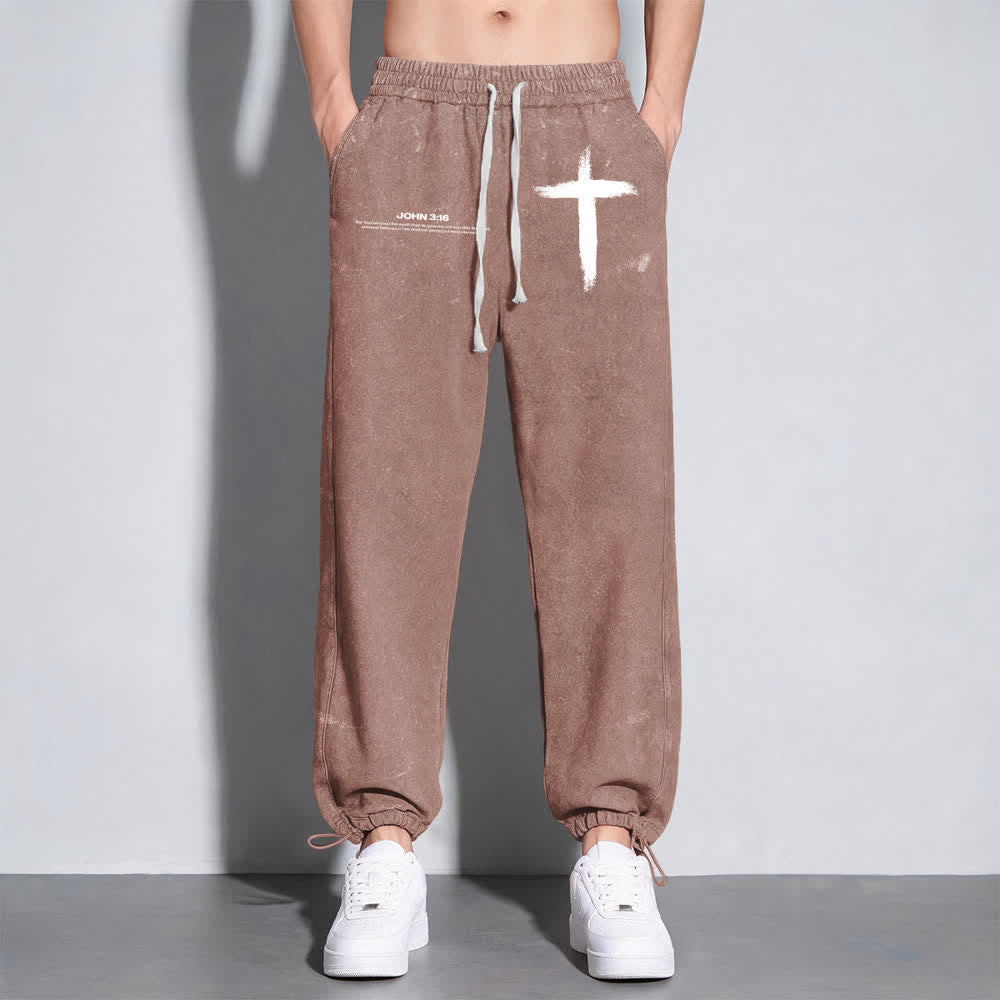 Christianartworkshop Brush Stroke Cross John 3:16 Scripture Statement Washed Sweatpants - image 3