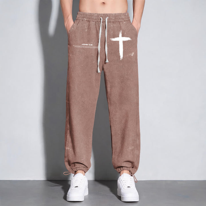 Christianartworkshop Brush Stroke Cross John 3:16 Scripture Statement Washed Sweatpants - image 3