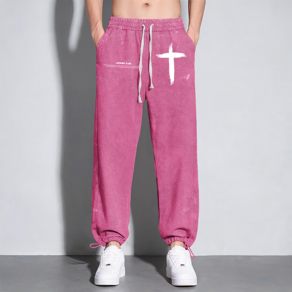 Christianartworkshop Brush Stroke Cross John 3:16 Scripture Statement Washed Sweatpants - image 19