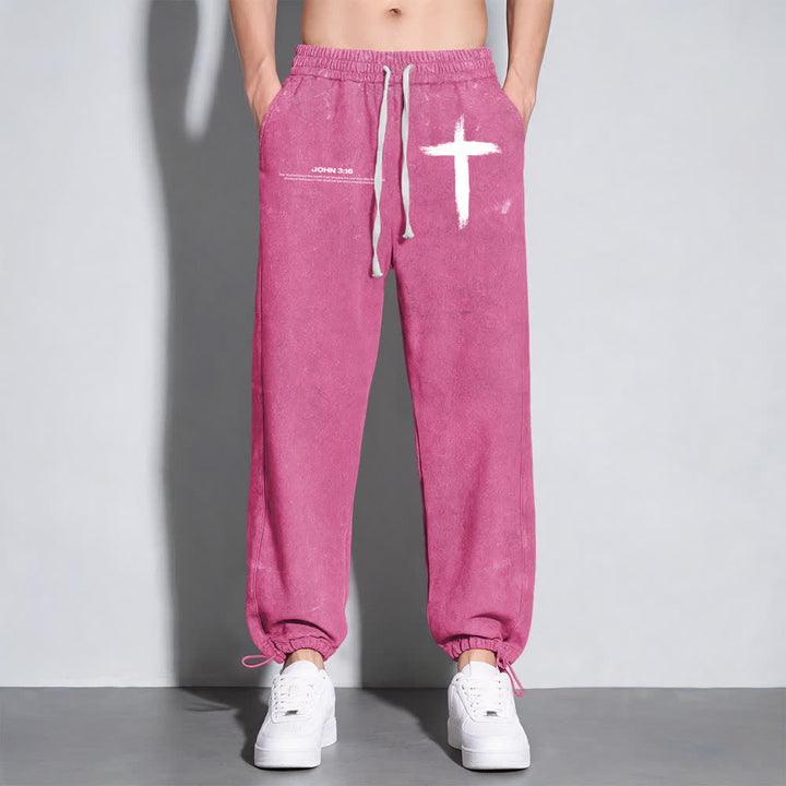 Christianartworkshop Brush Stroke Cross John 3:16 Scripture Statement Washed Sweatpants - image 19