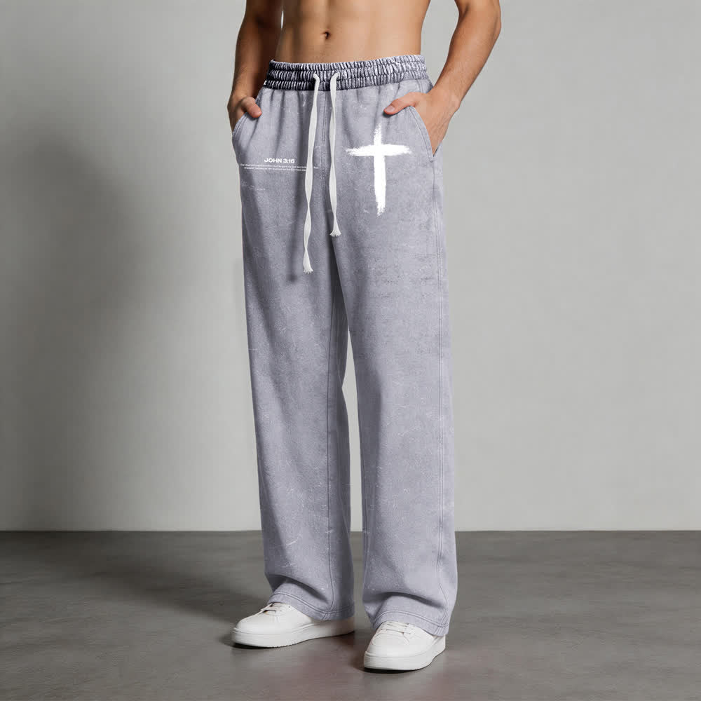 Christianartworkshop Brush Stroke Cross John 3:16 Scripture Statement Washed Sweatpants - image 6