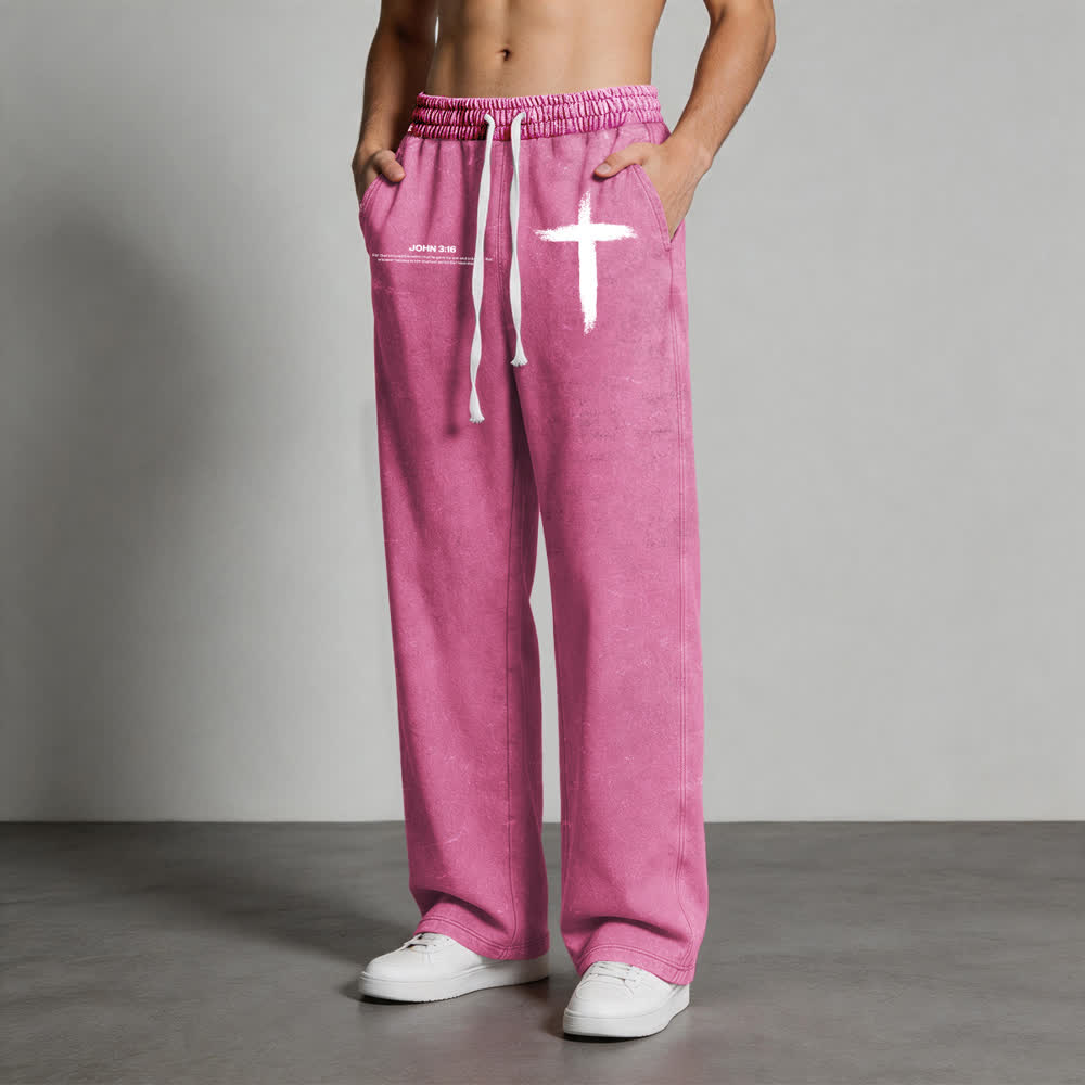 Christianartworkshop Brush Stroke Cross John 3:16 Scripture Statement Washed Sweatpants - image 18
