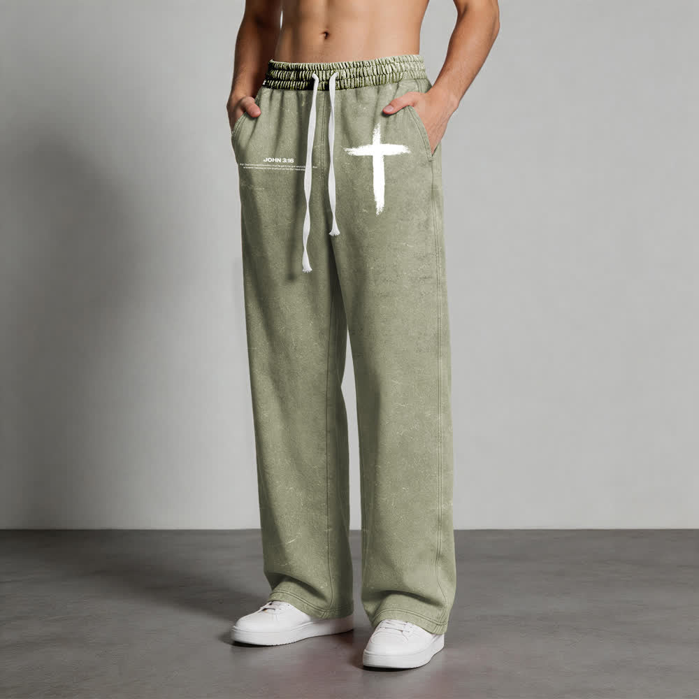 Christianartworkshop Brush Stroke Cross John 3:16 Scripture Statement Washed Sweatpants - image 14