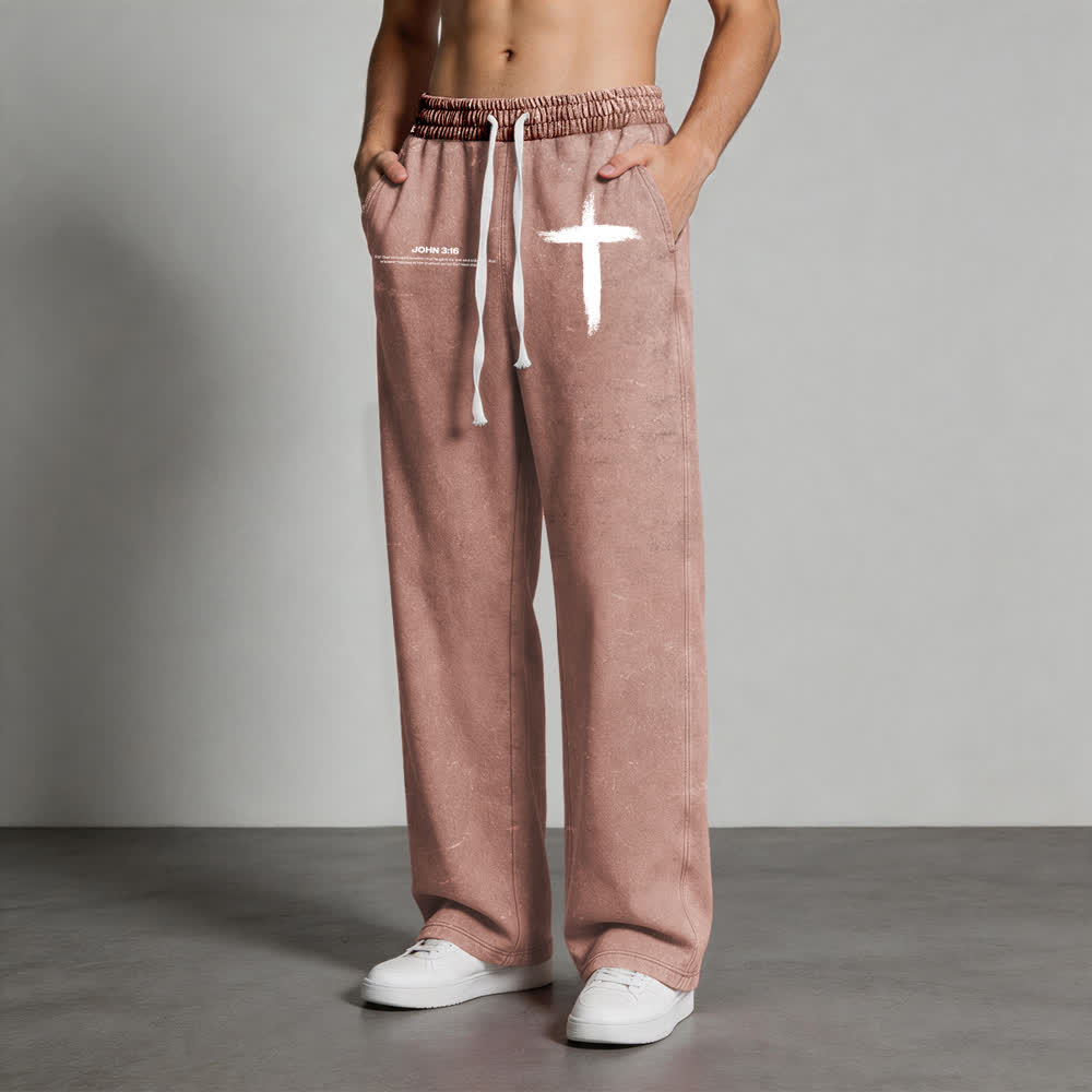 Christianartworkshop Brush Stroke Cross John 3:16 Scripture Statement Washed Sweatpants - image 2