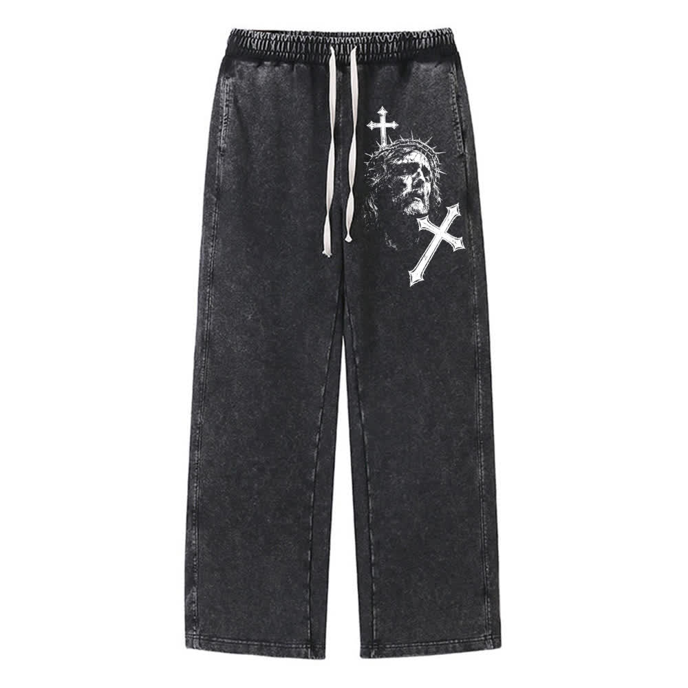 Christianartworkshop Vintage Sketch Jesus Crown Of Thorns Cross Statement Washed Sweatpants - Black - XL - image 0