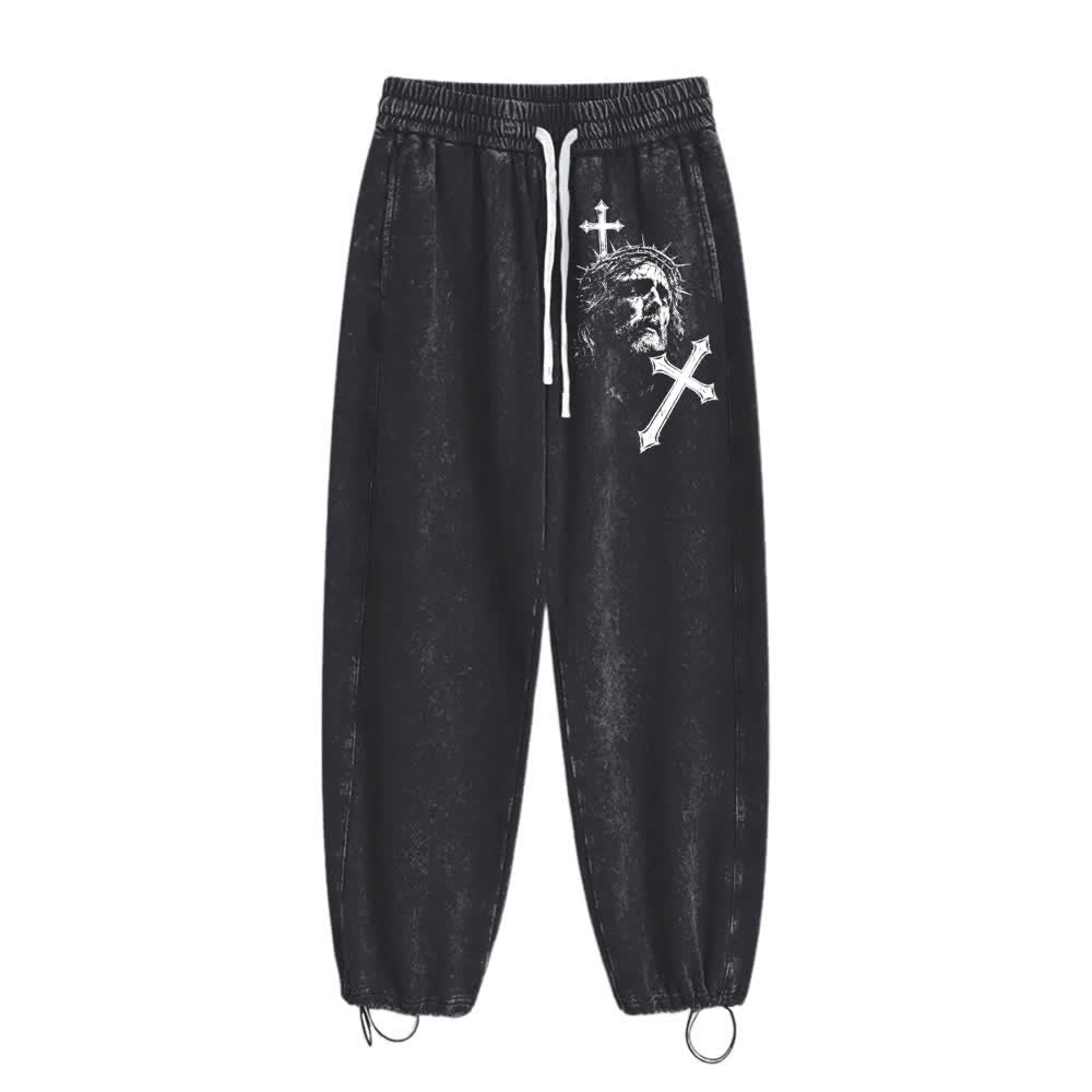 Christianartworkshop Vintage Sketch Jesus Crown Of Thorns Cross Statement Washed Sweatpants - image 1
