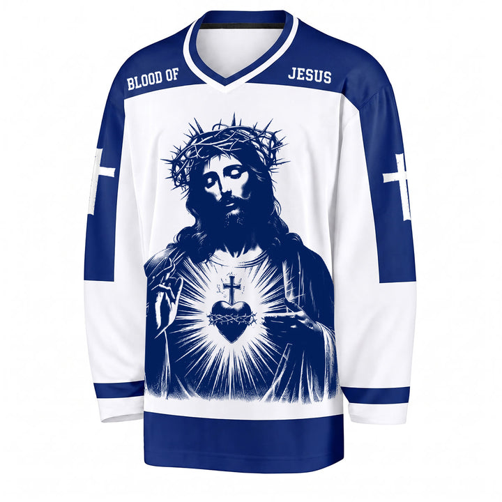 Christianartworkshop Blood of Jesus Sacred Heart Long Sleeve Hockey Jersey  - image 1
