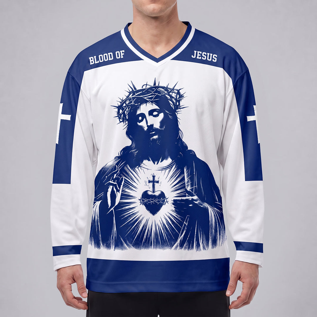 Christianartworkshop Blood of Jesus Sacred Heart Long Sleeve Hockey Jersey  - image 3