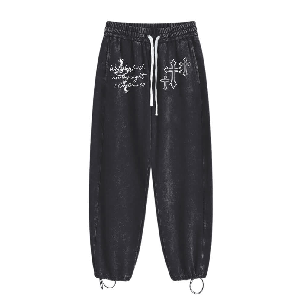 Christianartworkshop Scripture Walk By Faith Ornate Cross Statement Washed Sweatpants - image 1