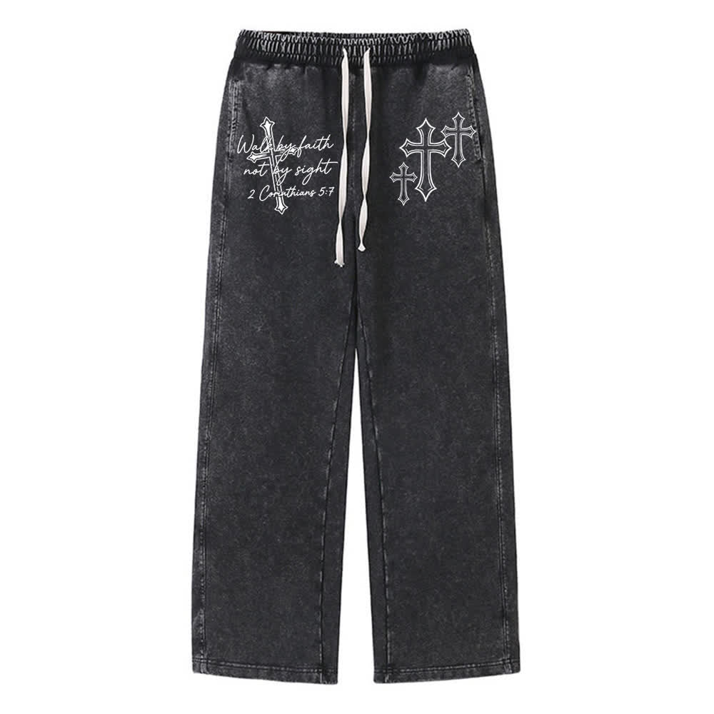 Christianartworkshop Scripture Walk By Faith Ornate Cross Statement Washed Sweatpants - Black - XL - image 0
