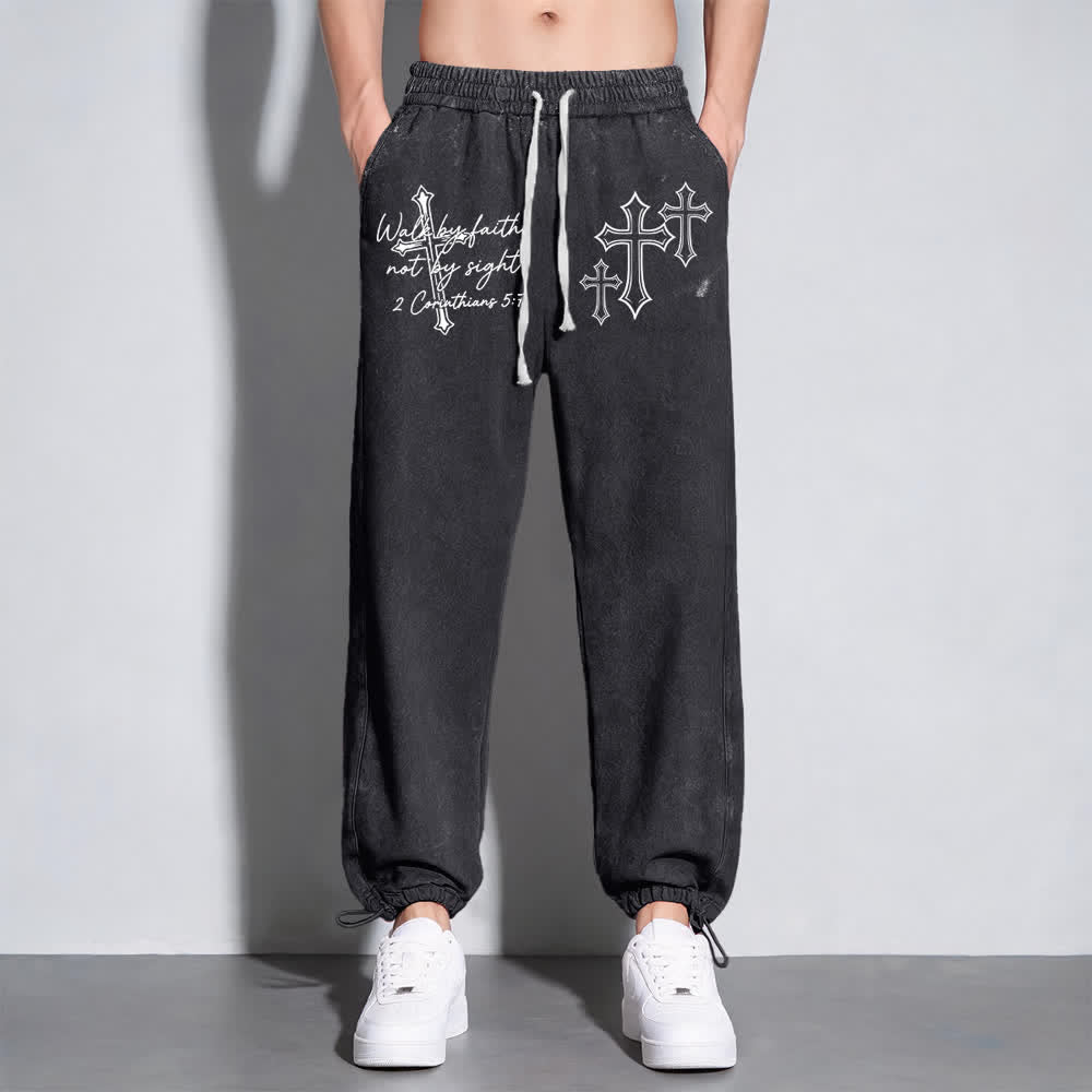 Christianartworkshop Scripture Walk By Faith Ornate Cross Statement Washed Sweatpants - image 3