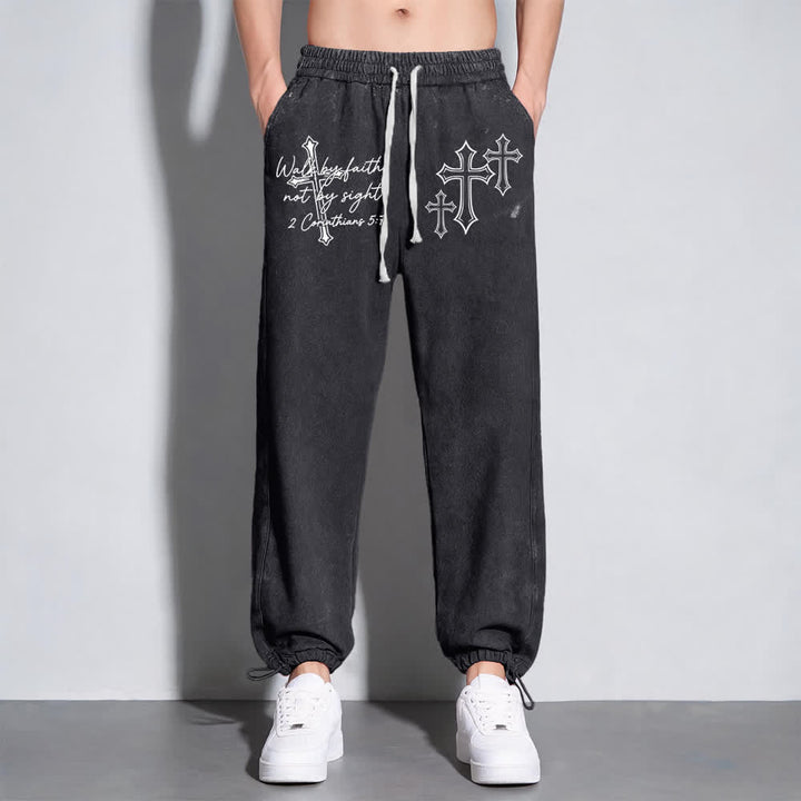 Christianartworkshop Scripture Walk By Faith Ornate Cross Statement Washed Sweatpants - image 3