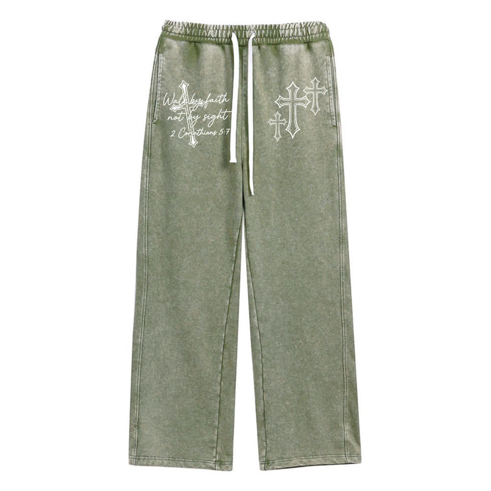 Christianartworkshop Scripture Walk By Faith Ornate Cross Statement Washed Sweatpants - Army Green - XL - image 8