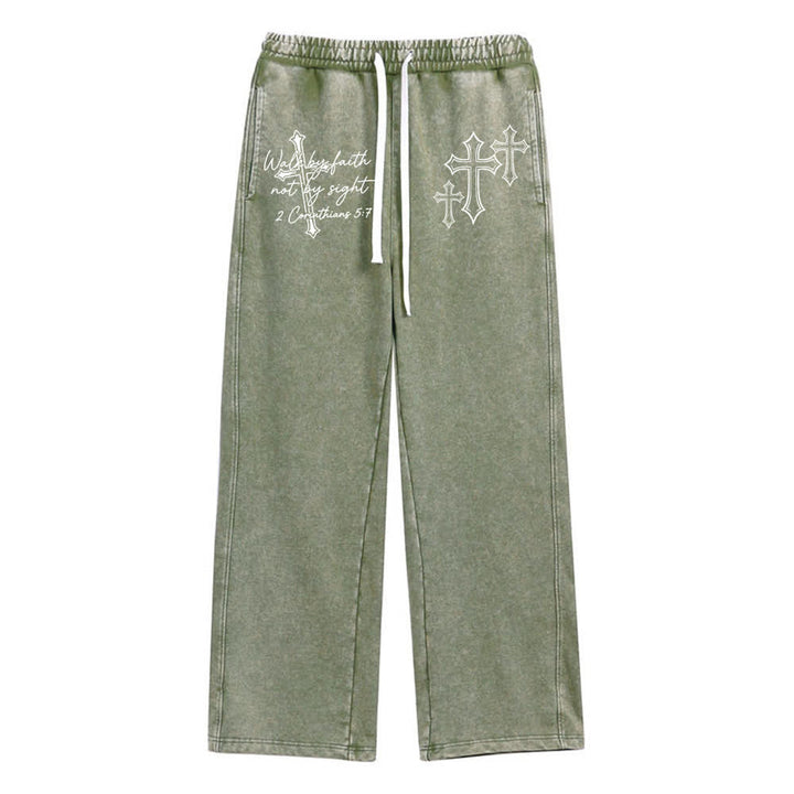 Christianartworkshop Scripture Walk By Faith Ornate Cross Statement Washed Sweatpants - Army Green - XL - image 8
