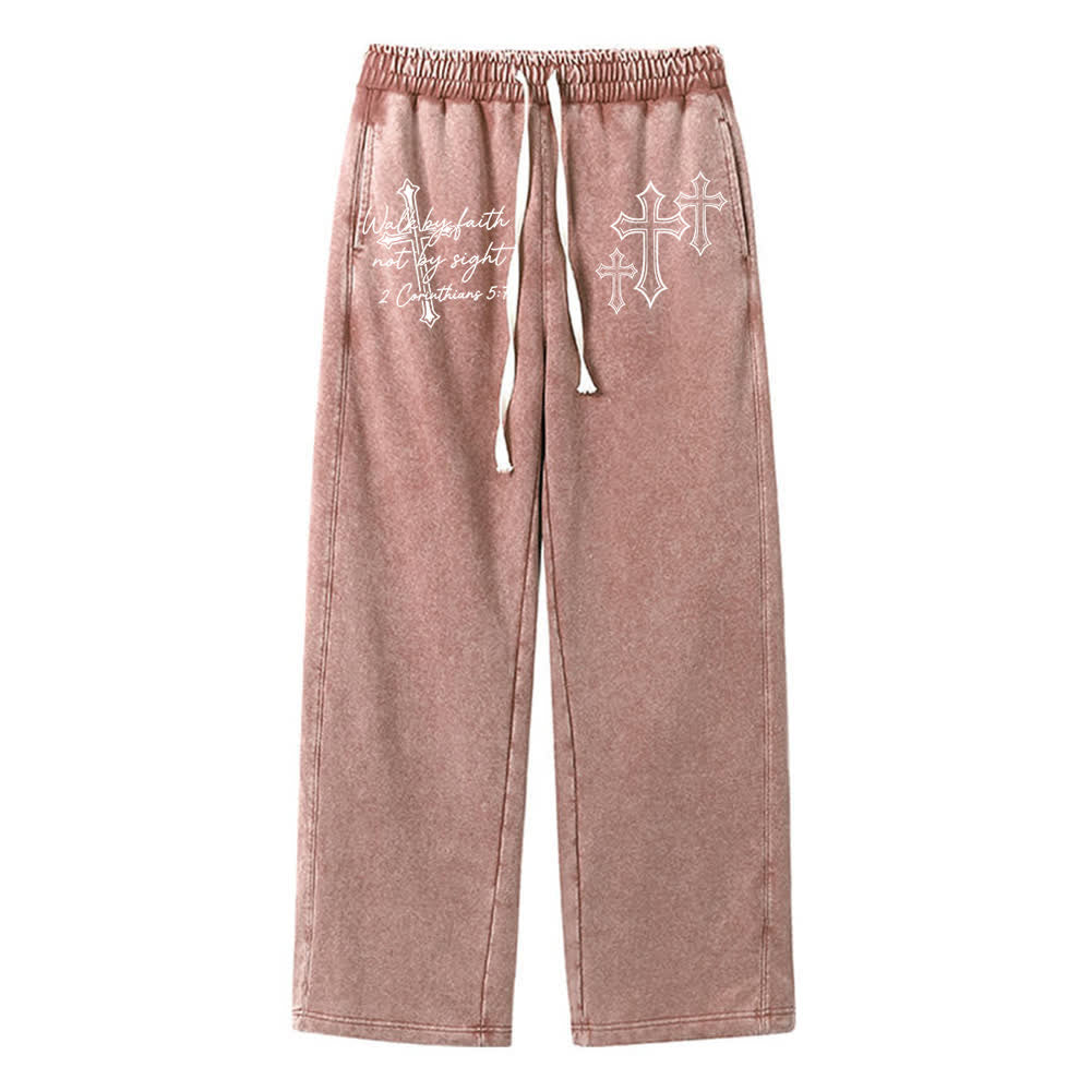 Christianartworkshop Scripture Walk By Faith Ornate Cross Statement Washed Sweatpants - Brown - XL - image 12