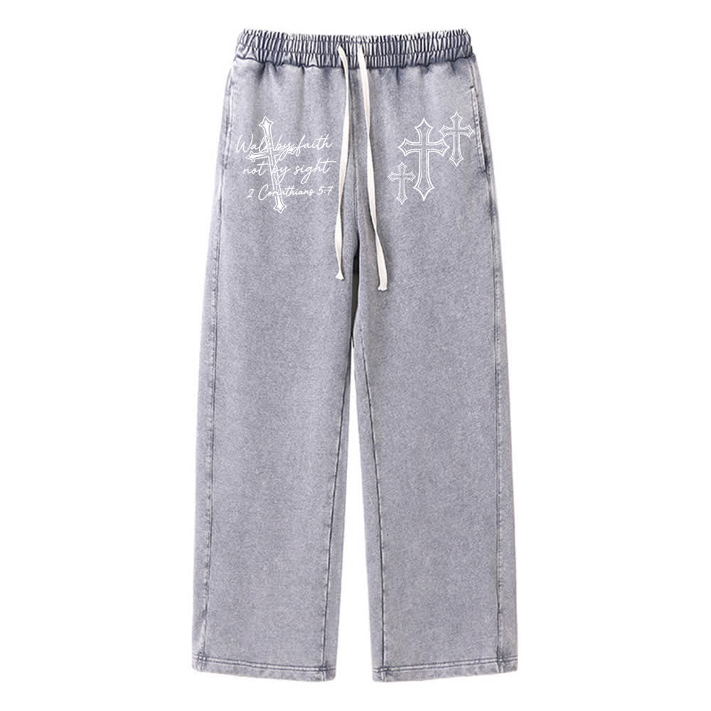 Christianartworkshop Scripture Walk By Faith Ornate Cross Statement Washed Sweatpants - Grey - XL - image 4