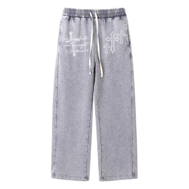 Christianartworkshop Scripture Walk By Faith Ornate Cross Statement Washed Sweatpants - Grey - XL - image 4