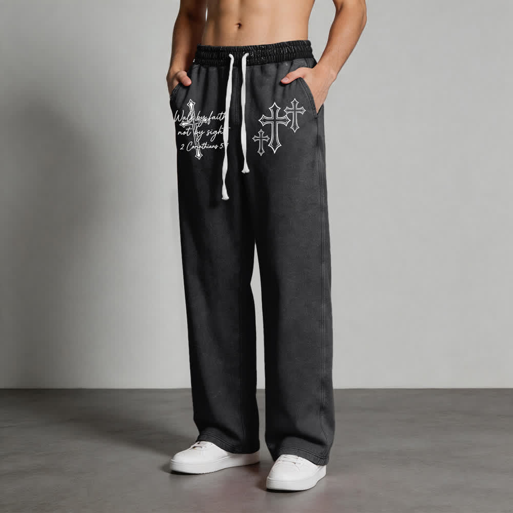Christianartworkshop Scripture Walk By Faith Ornate Cross Statement Washed Sweatpants - image 2