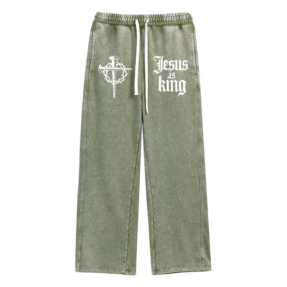 Christianartworkshop Gothic Nail Cross Jesus Is King Statement Washed Sweatpants - Army Green - XL - image 8