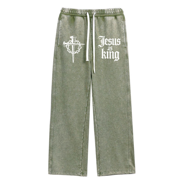 Christianartworkshop Gothic Nail Cross Jesus Is King Statement Washed Sweatpants - Army Green - XL - image 8
