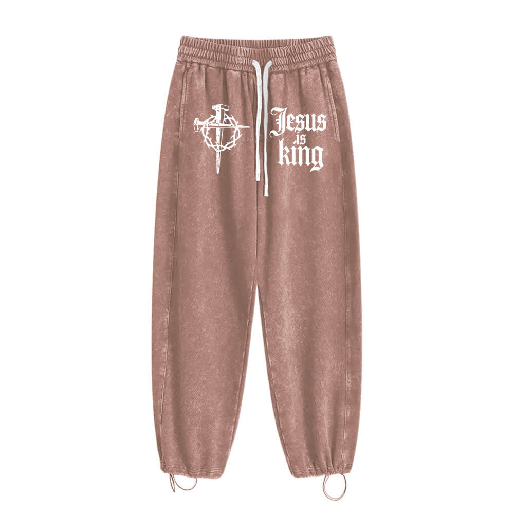 Christianartworkshop Gothic Nail Cross Jesus Is King Statement Washed Sweatpants - image 13