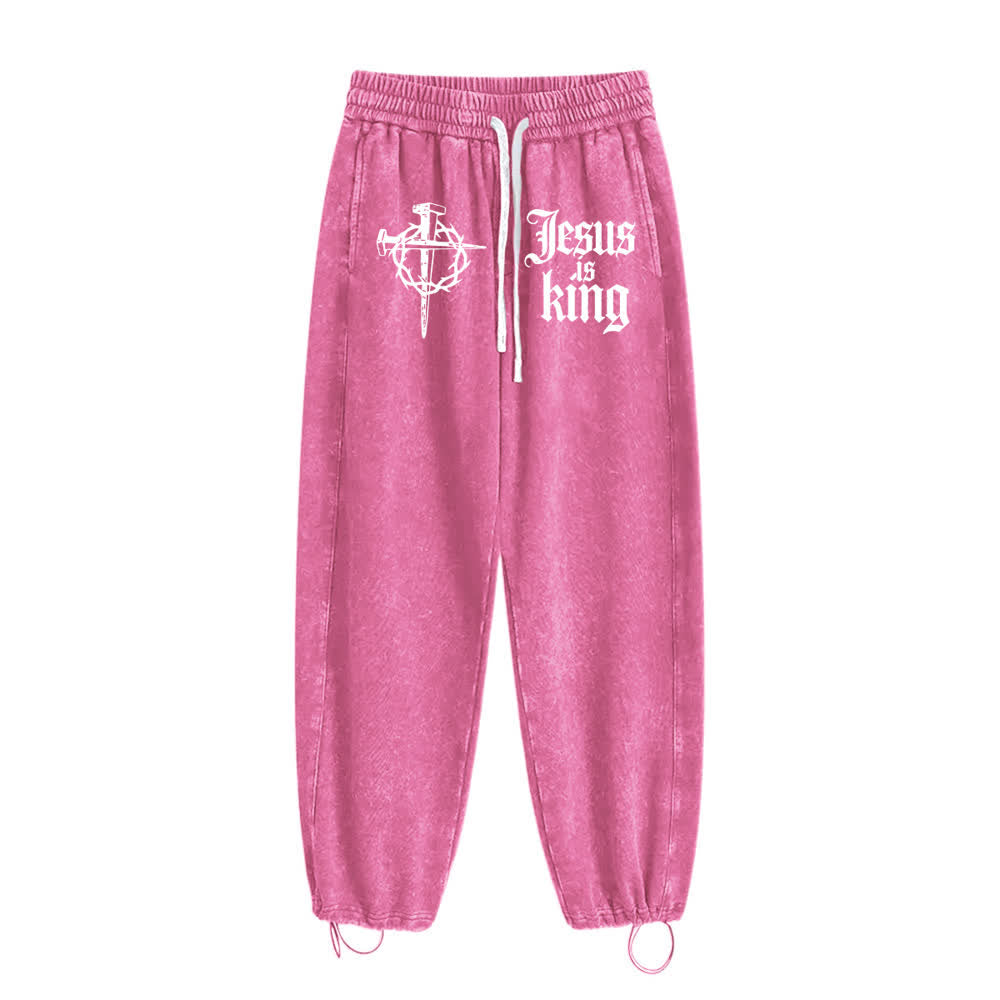 Christianartworkshop Gothic Nail Cross Jesus Is King Statement Washed Sweatpants - image 17