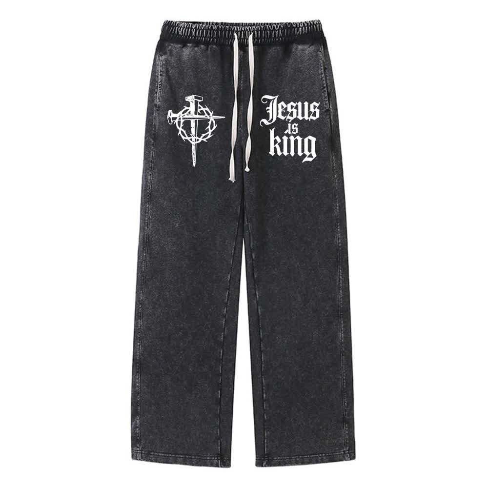 Christianartworkshop Gothic Nail Cross Jesus Is King Statement Washed Sweatpants - Black - XL - image 0