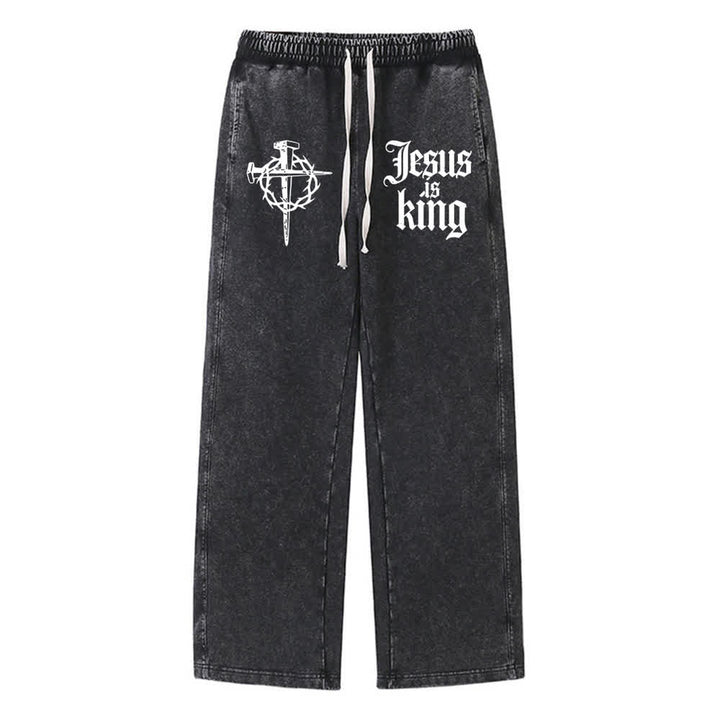 Christianartworkshop Gothic Nail Cross Jesus Is King Statement Washed Sweatpants - Black - XL - image 0
