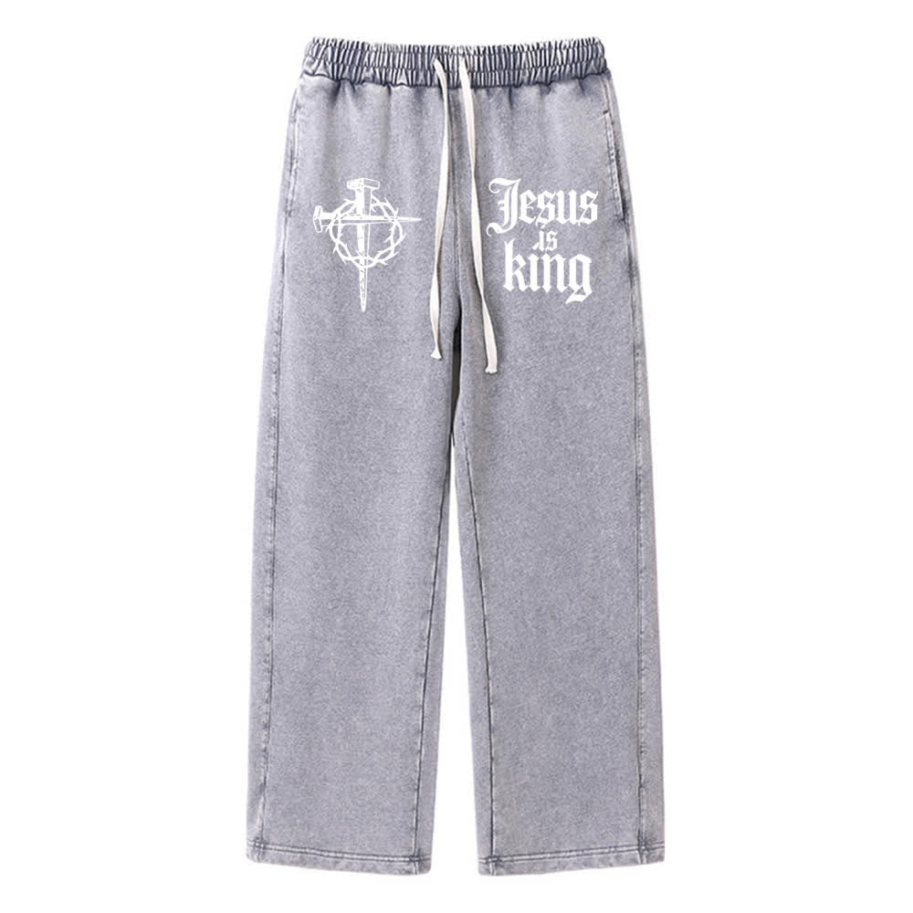 Christianartworkshop Gothic Nail Cross Jesus Is King Statement Washed Sweatpants - Grey - XL - image 4
