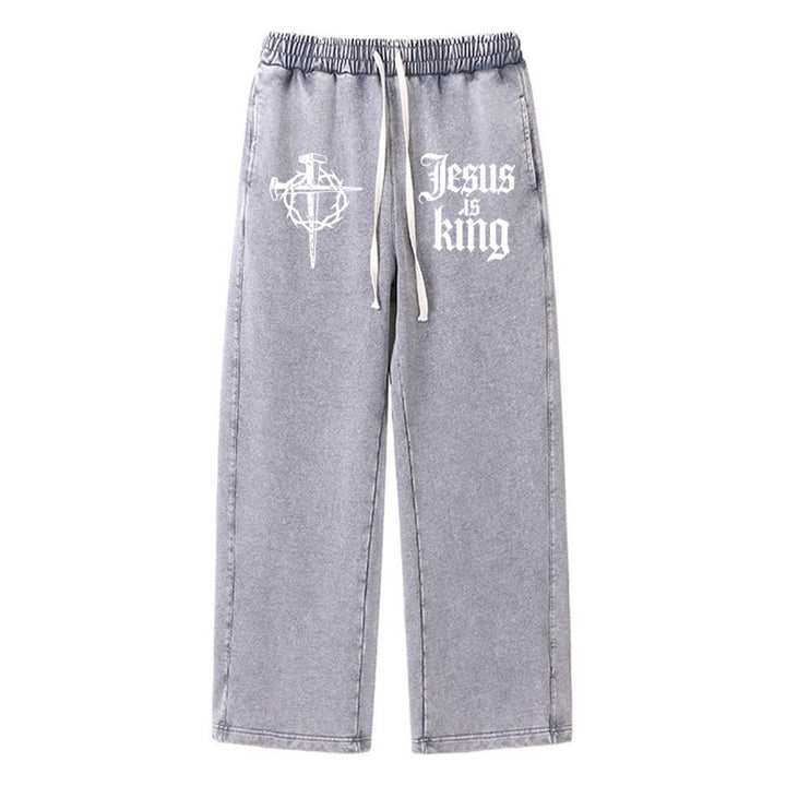 Christianartworkshop Gothic Nail Cross Jesus Is King Statement Washed Sweatpants - Grey - XL - image 4