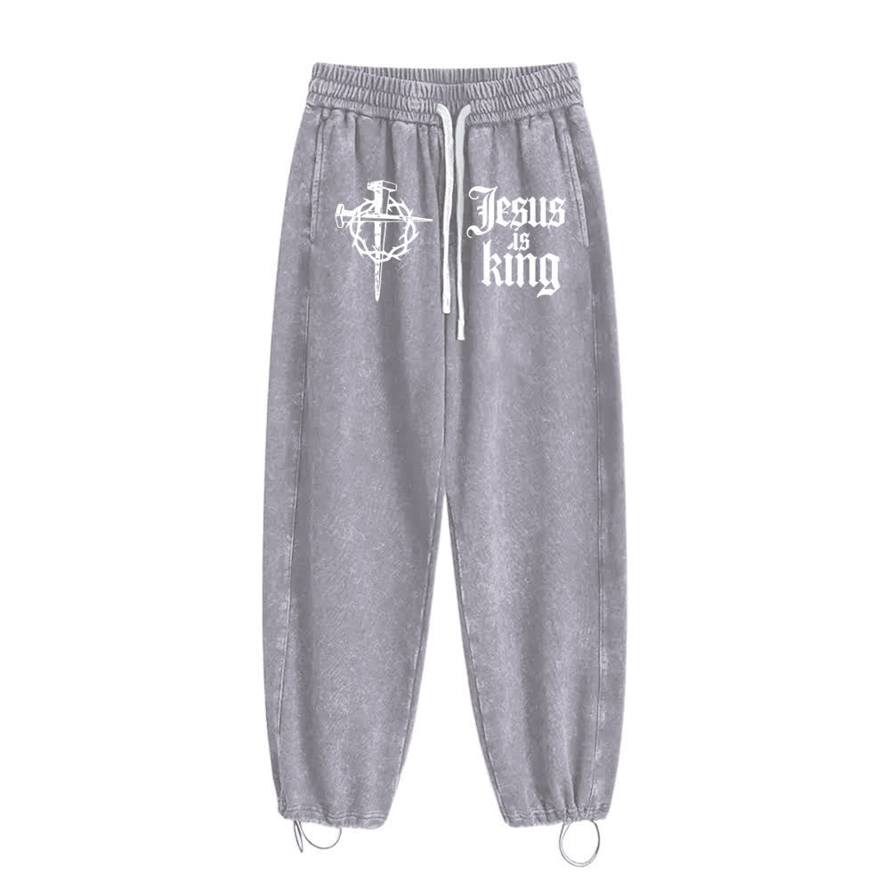 Christianartworkshop Gothic Nail Cross Jesus Is King Statement Washed Sweatpants - image 5