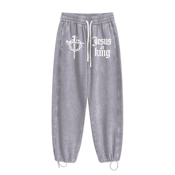 Christianartworkshop Gothic Nail Cross Jesus Is King Statement Washed Sweatpants - image 5